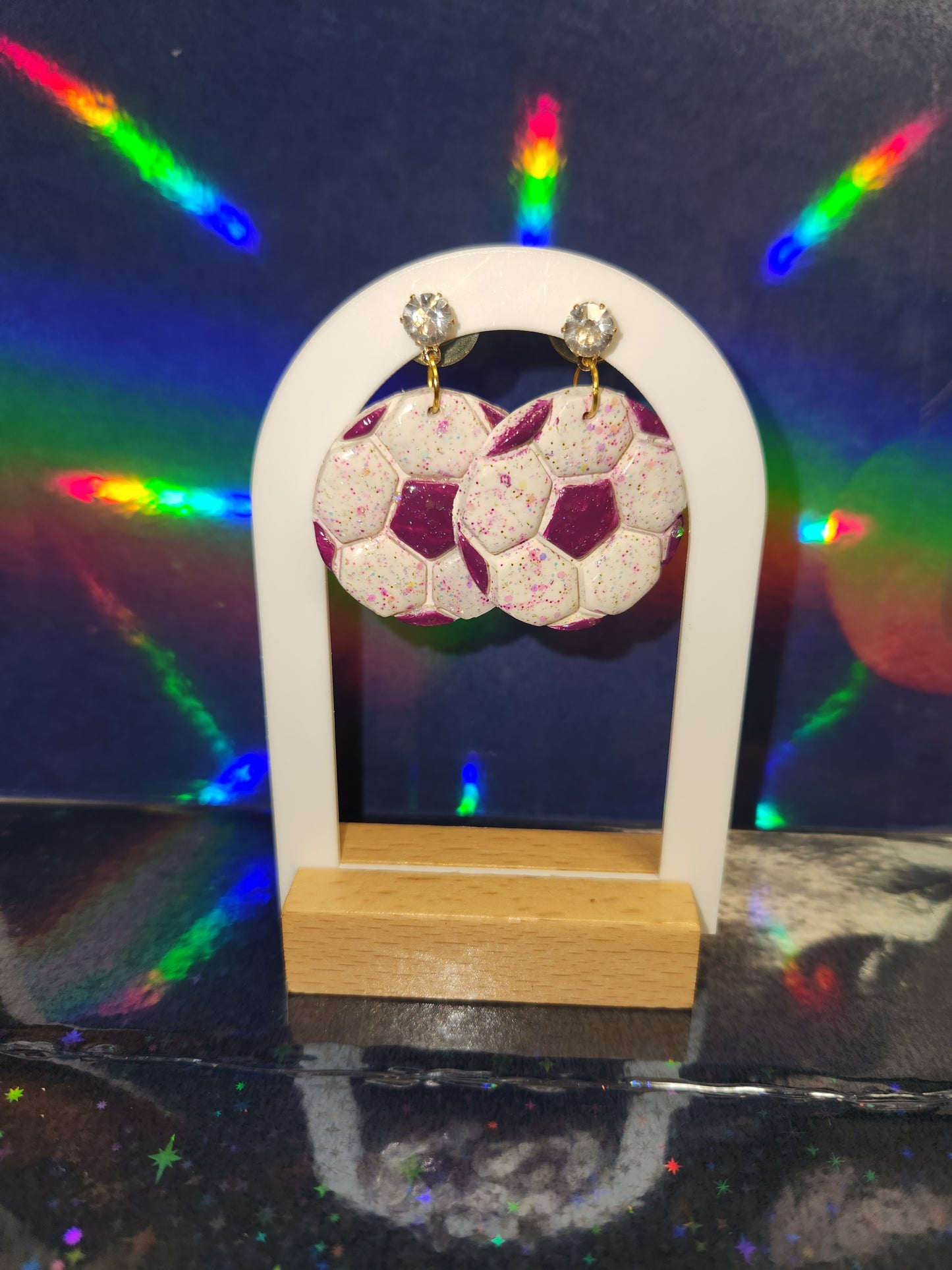Soccer Ball White and Purple Clay Earrings.