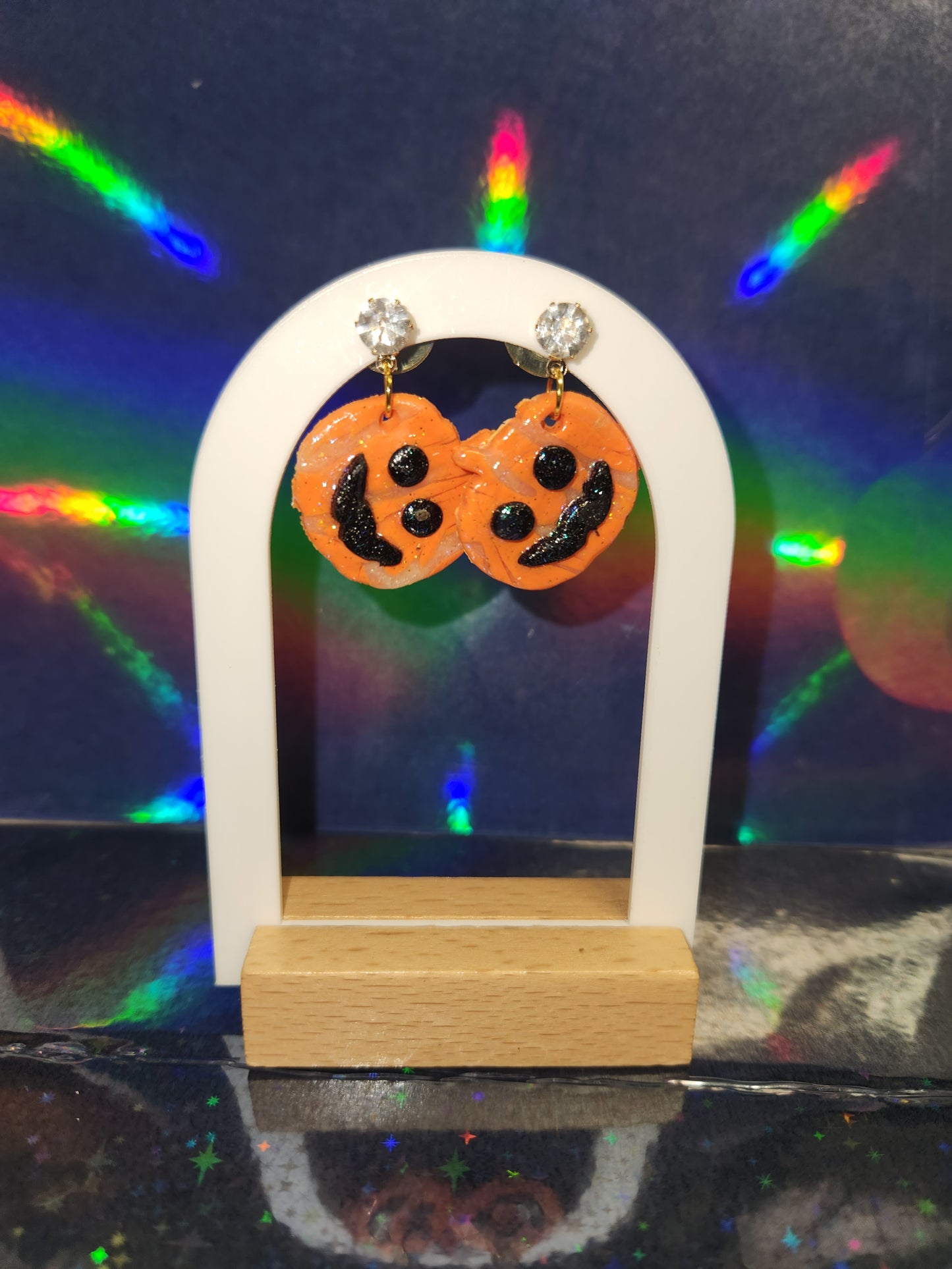 Pumpkin Smiles Clay Earrings with “Diamond” Studs