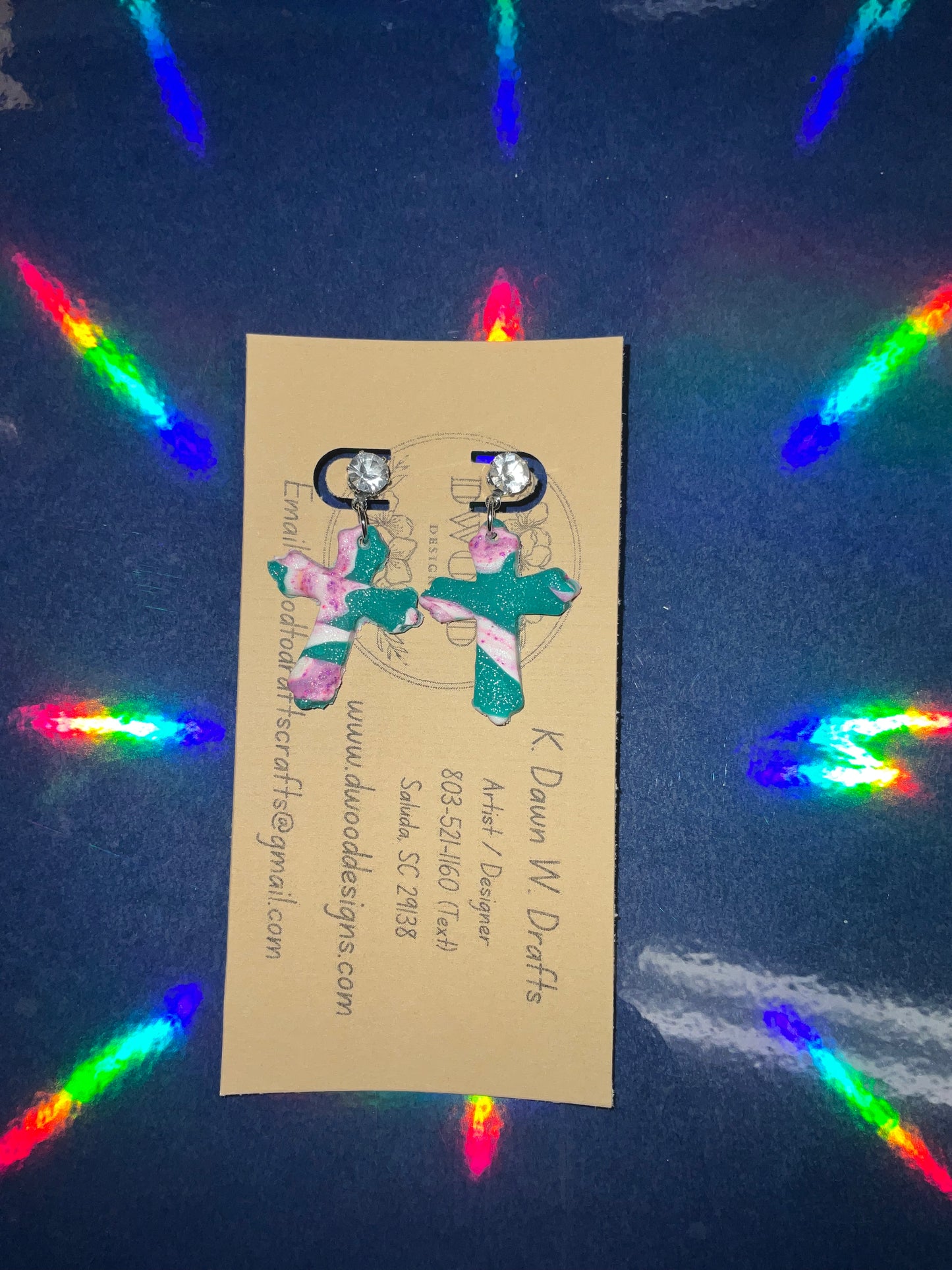 Diamond Stud Marble teal/white/purple Cross Earrings