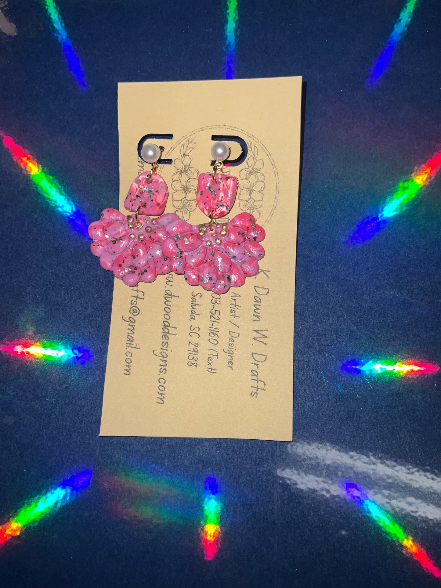 Half Pink Flower Dangle Clay Earrings