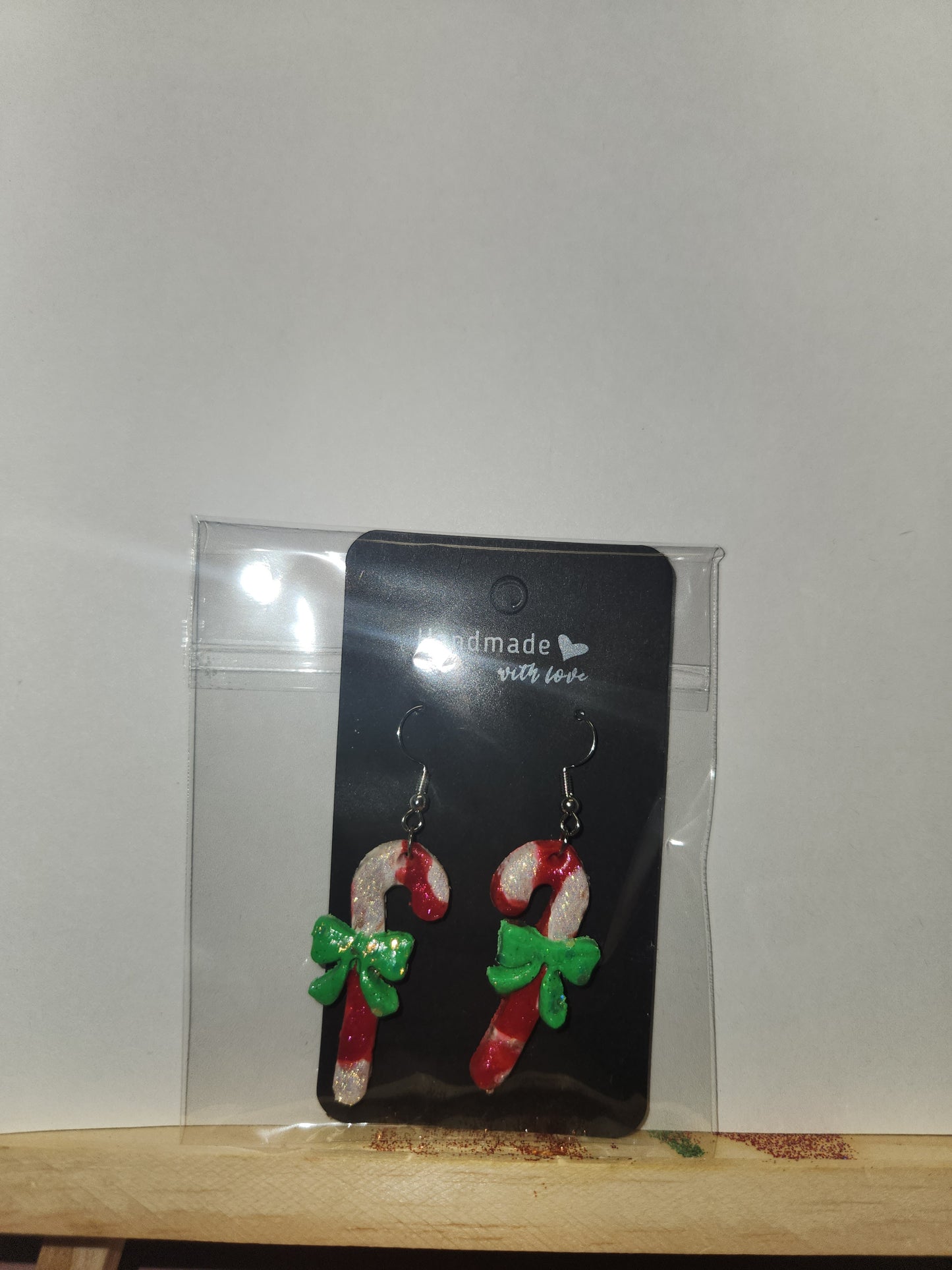 Candy Canes with Green Bow Clay Earrings