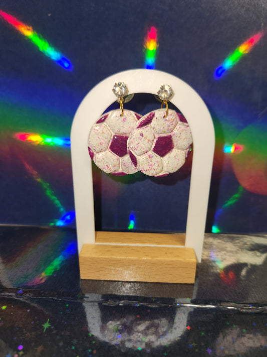 Soccer Ball White and Purple Clay Earrings.