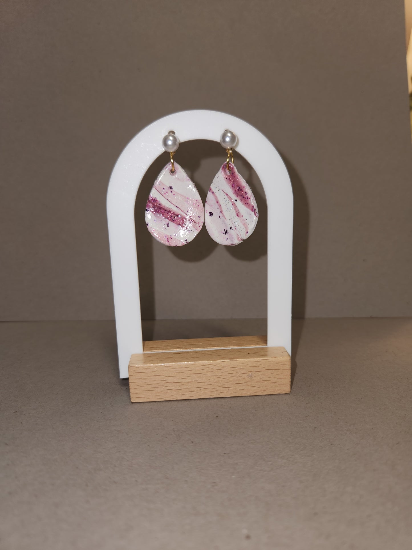 White and Purple Marble Tear Drop Clay Earrings