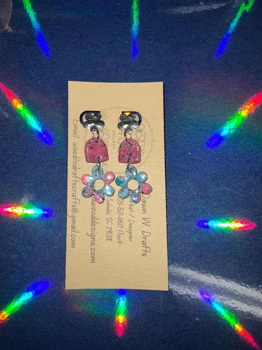 Flower Purple and Teal Dangle Clay Earrings