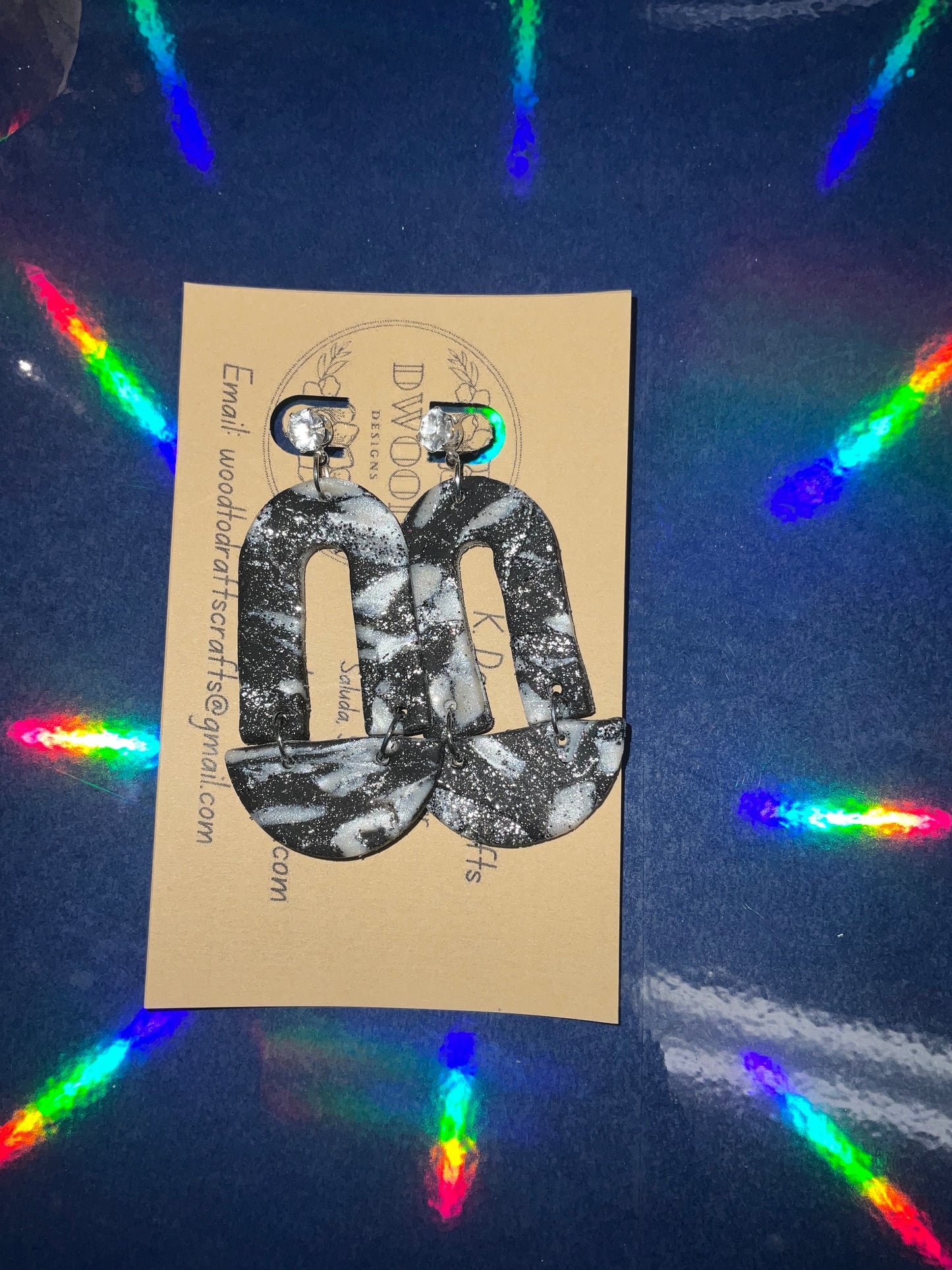 Black and Pearl Marble Geometric Shaped Clay Earrings