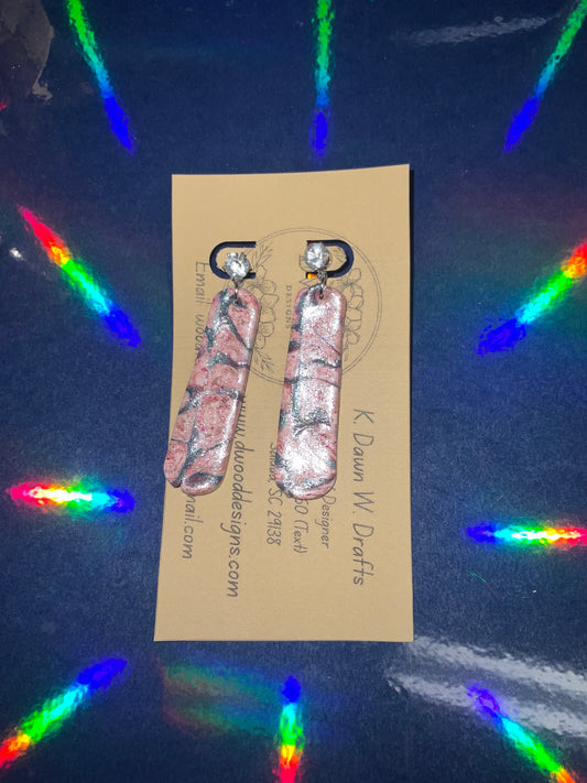 Pink and Blue Marble Long Oval Clay Earrings